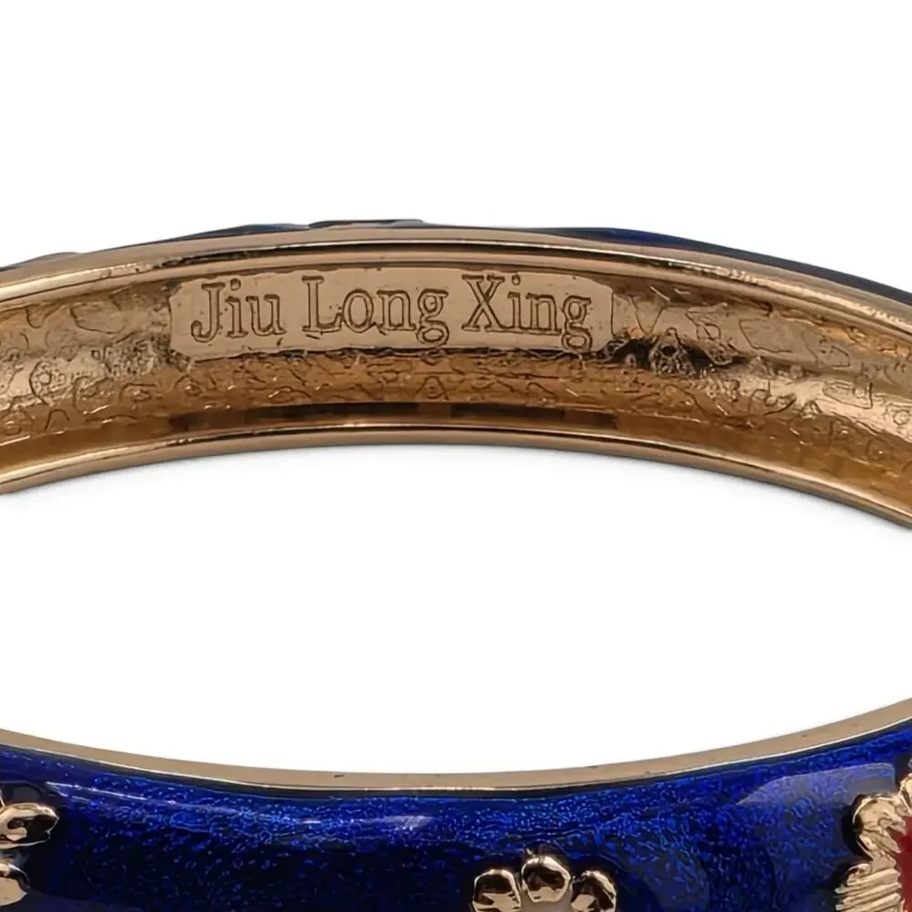 Jiu Long Xing Blue Enamel Floral Hinged Bangle Bracelet Gold Tone Signed
